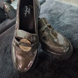 Crown Vintage Metallic Olive Patent Loafers with Gold Medallion